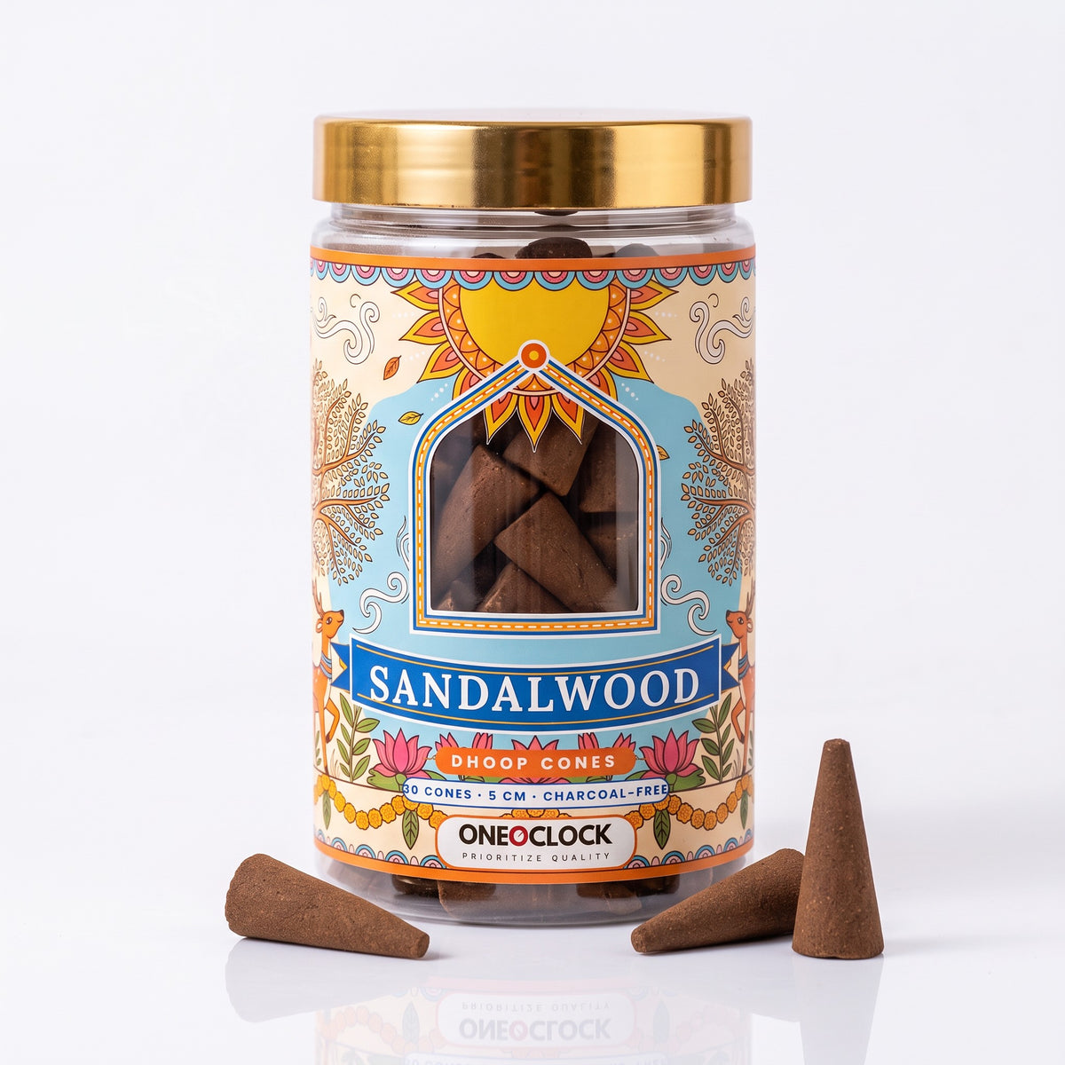 Sandalwood Dhoop Cones | 30 Cones × 5 cm | Charcoal-Free | Clear Jar with Gold Lid