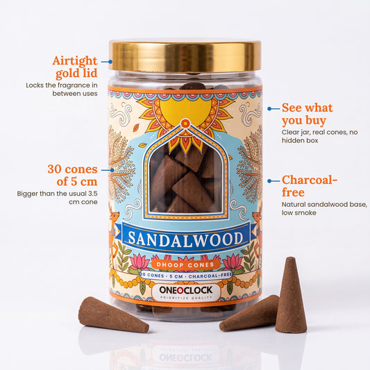 Sandalwood Dhoop Cones | 30 Cones × 5 cm | Charcoal-Free | Clear Jar with Gold Lid
