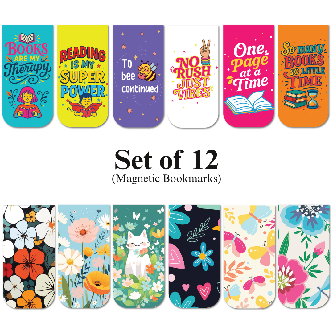 Book Lovers & Cute Floral Magnetic Bookmarks (Set of 12)