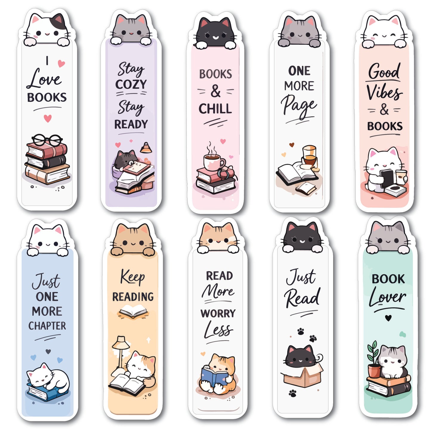 Cute Cat Paperback Bookmarks – Set of 10