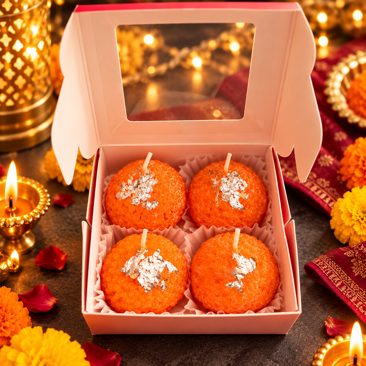 Traditional Ladoo Shape Decorative Candle Set of 4 for Diwali & Festive Decor