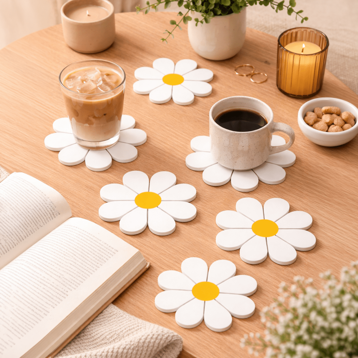Daisy Coasters Set of 6 – Cute Aesthetic Flower Coasters - Coaster