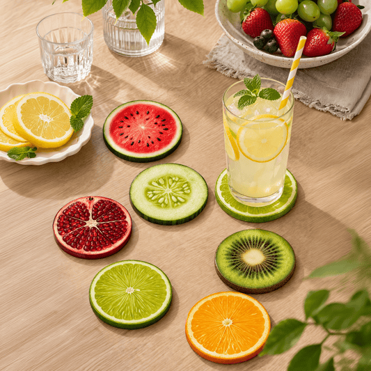 Fresh Fruit Acrylic Coasters (Set of 6) – 3.5” Premium Gloss Finish Drink Coasters - Coaster
