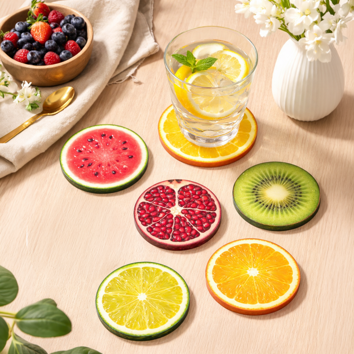 Fresh Fruit Acrylic Coasters (Set of 6) – 3.5” Premium Gloss Finish Drink Coasters - Coaster