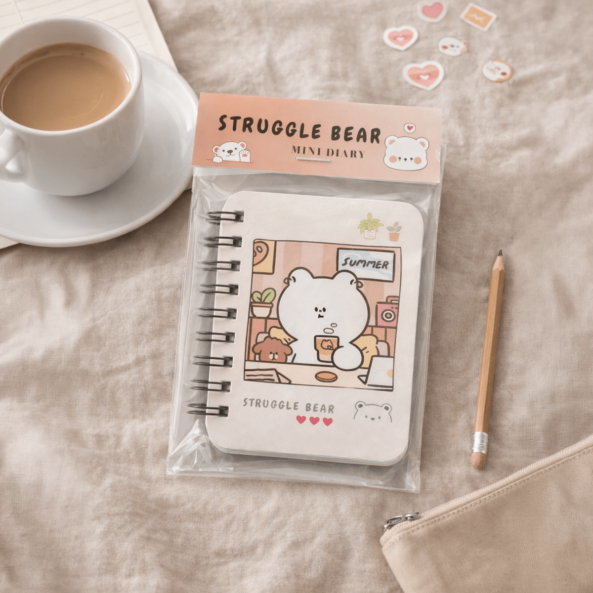 kawaii Struggle Bear Mini Diary – Cute Pocket Notebook with Spiral Binding - diary