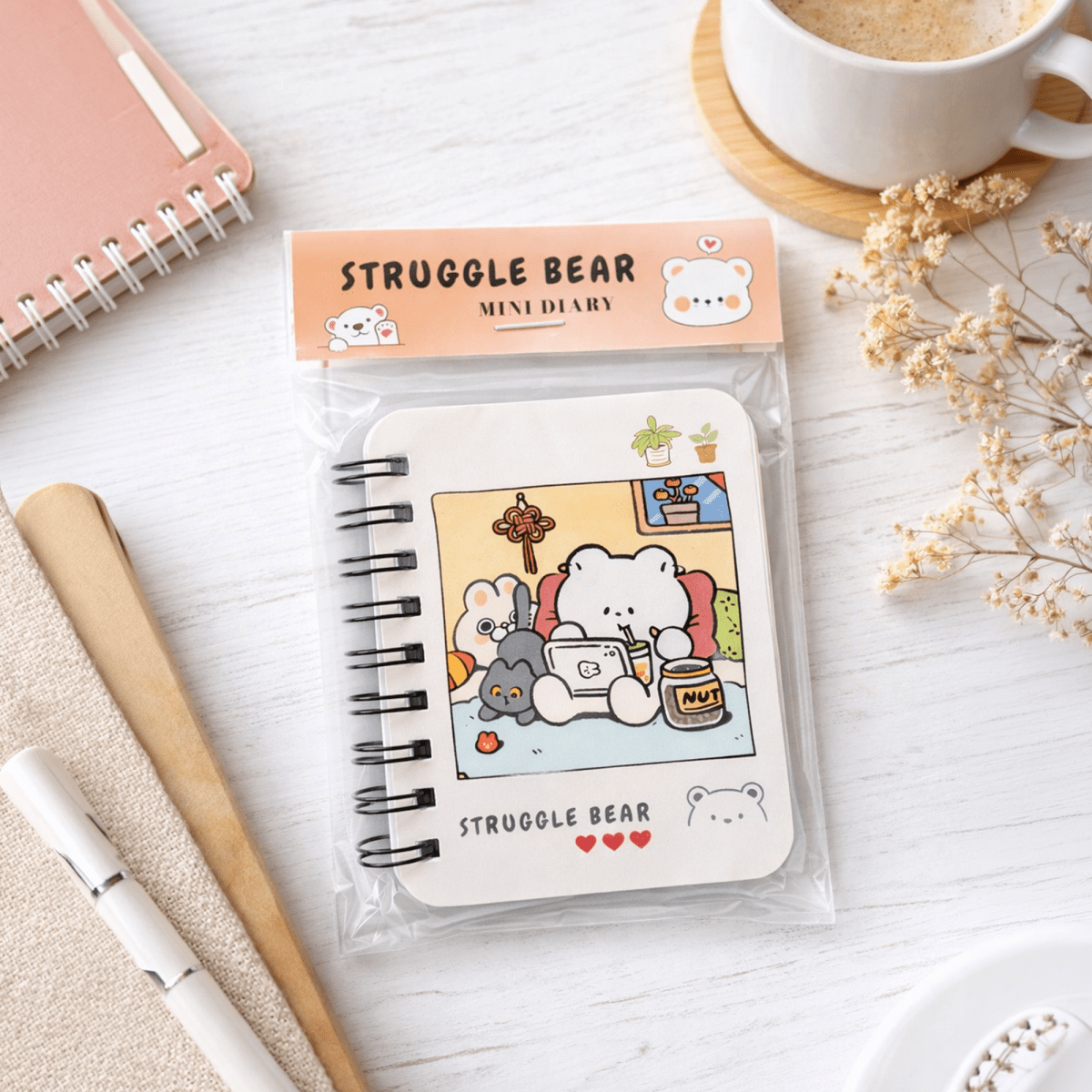 kawaii Struggle Bear Mini Diary – Cute Pocket Notebook with Spiral Binding - diary