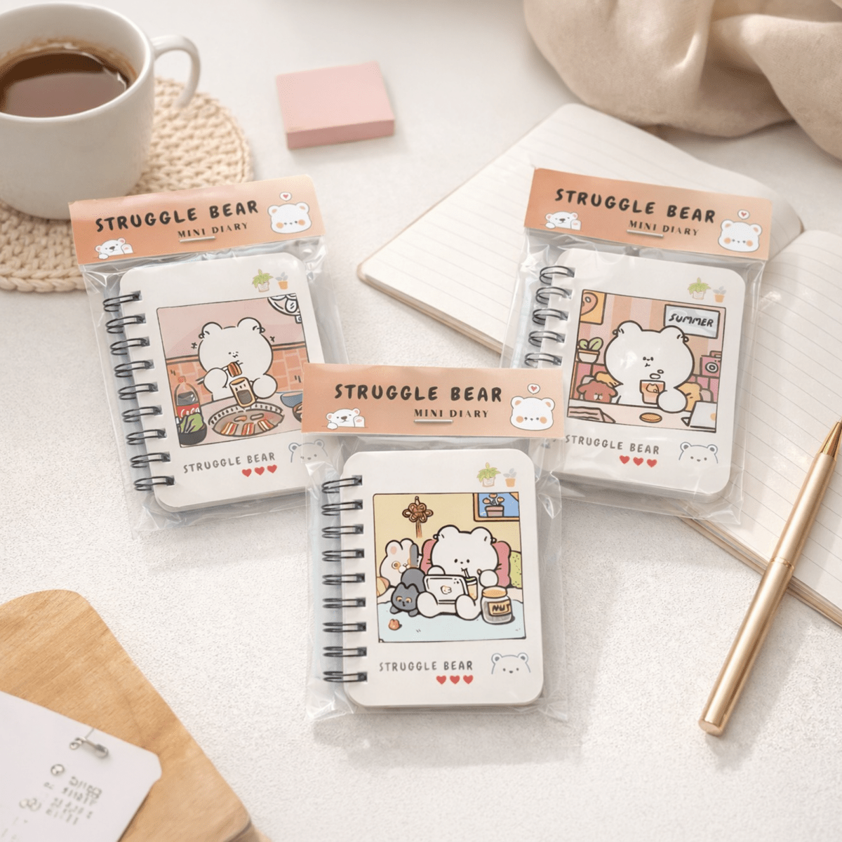 kawaii Struggle Bear Mini Diary – Cute Pocket Notebook with Spiral Binding - diary