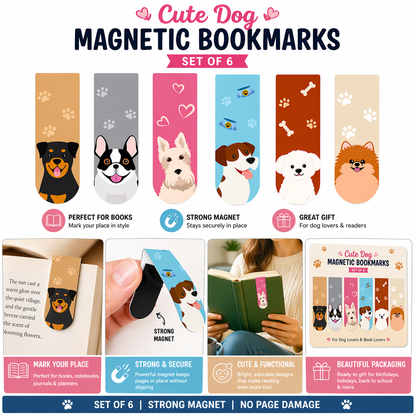 Cute Dog Magnetic Bookmarks Set of 6 | Aesthetic Page Markers for Books & Journals