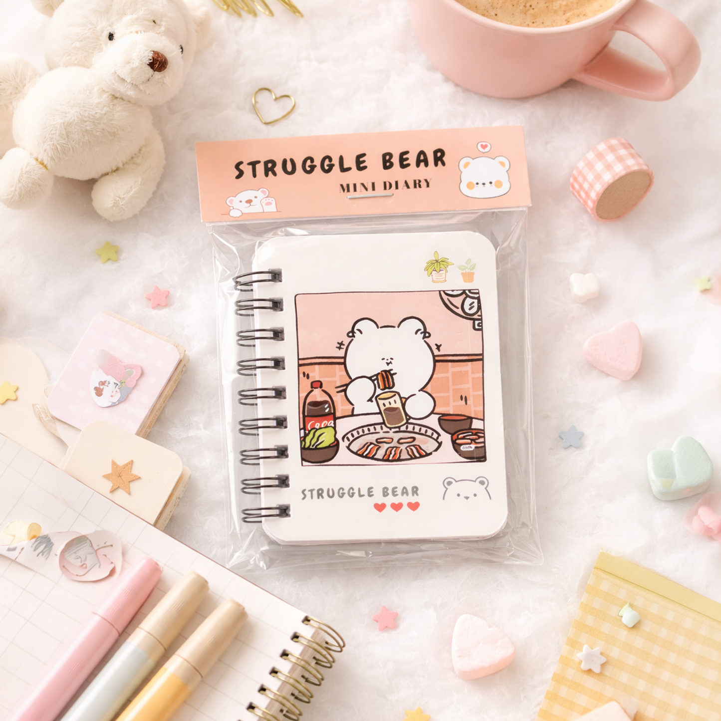 kawaii Struggle Bear Mini Diary – Cute Pocket Notebook with Spiral Binding