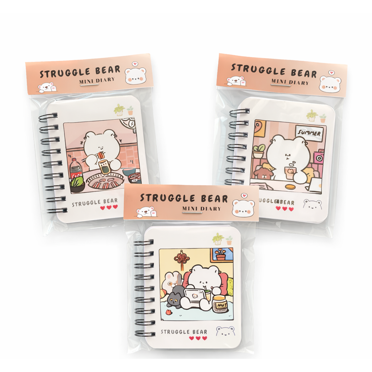 kawaii Struggle Bear Mini Diary – Cute Pocket Notebook with Spiral Binding