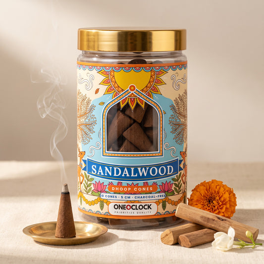 Sandalwood Dhoop Cones | 30 Cones × 5 cm | Charcoal-Free | Clear Jar with Gold Lid