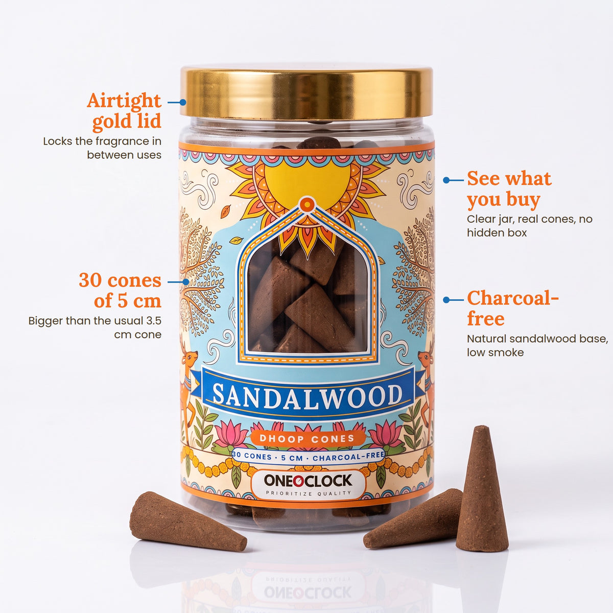 Sandalwood Dhoop Cones | 30 Cones × 5 cm | Charcoal-Free | Clear Jar with Gold Lid