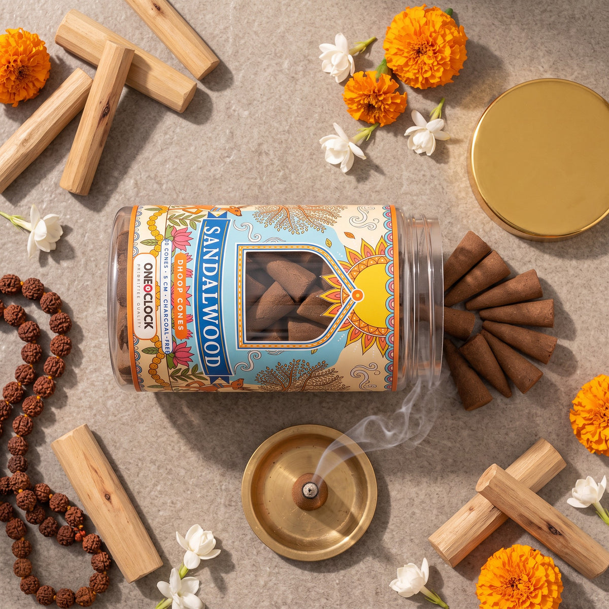 Sandalwood Dhoop Cones | 30 Cones × 5 cm | Charcoal-Free | Clear Jar with Gold Lid
