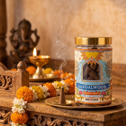 Sandalwood Dhoop Cones | 30 Cones × 5 cm | Charcoal-Free | Clear Jar with Gold Lid