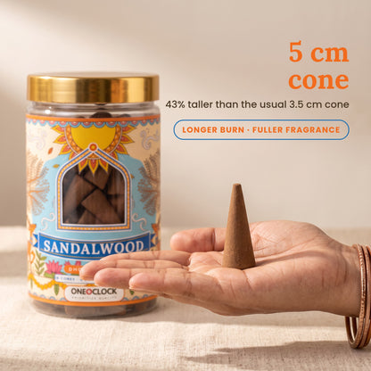 Sandalwood Dhoop Cones | 30 Cones × 5 cm | Charcoal-Free | Clear Jar with Gold Lid