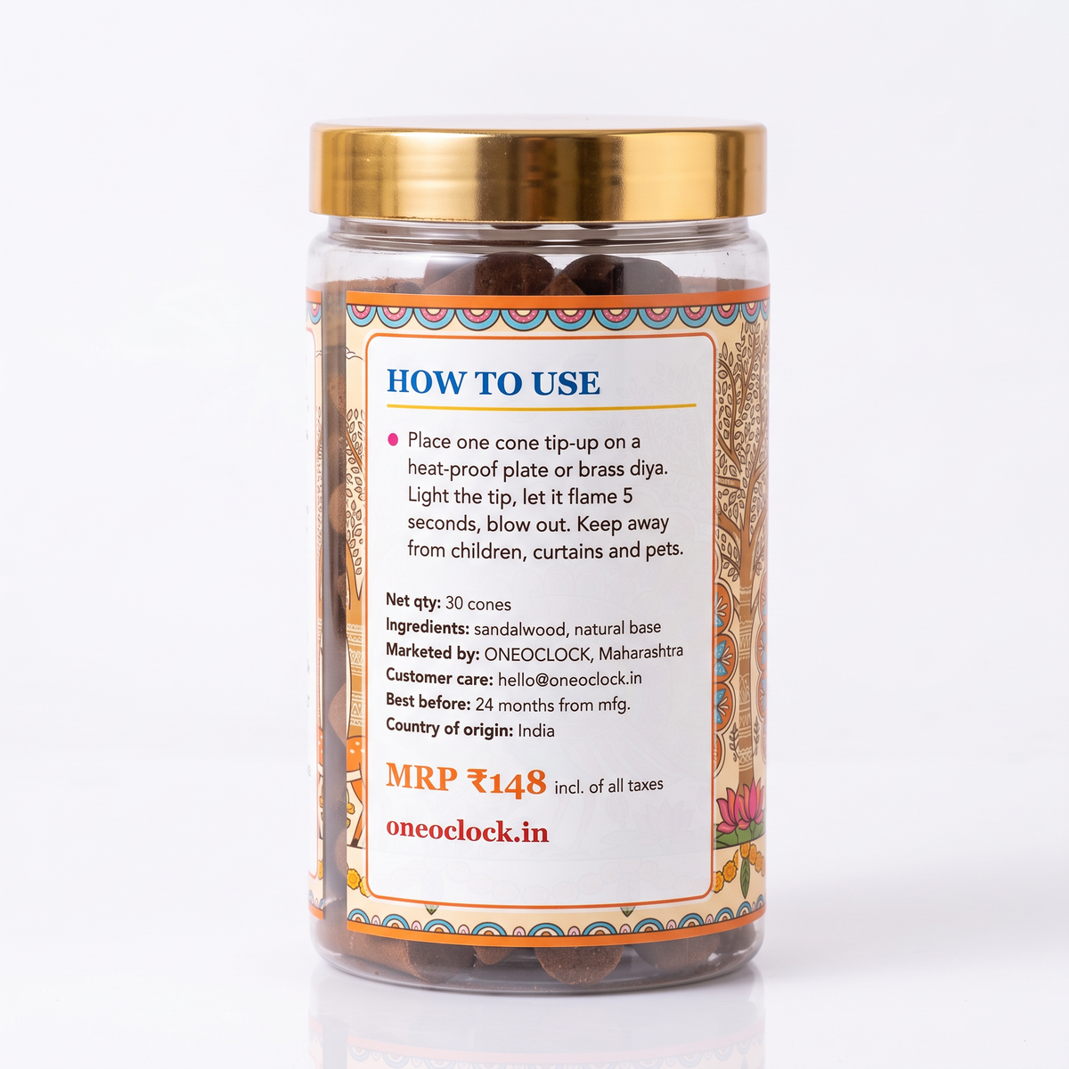 Back label of sandalwood dhoop cones jar with how-to-use instructions
