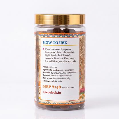 Back label of sandalwood dhoop cones jar with how-to-use instructions