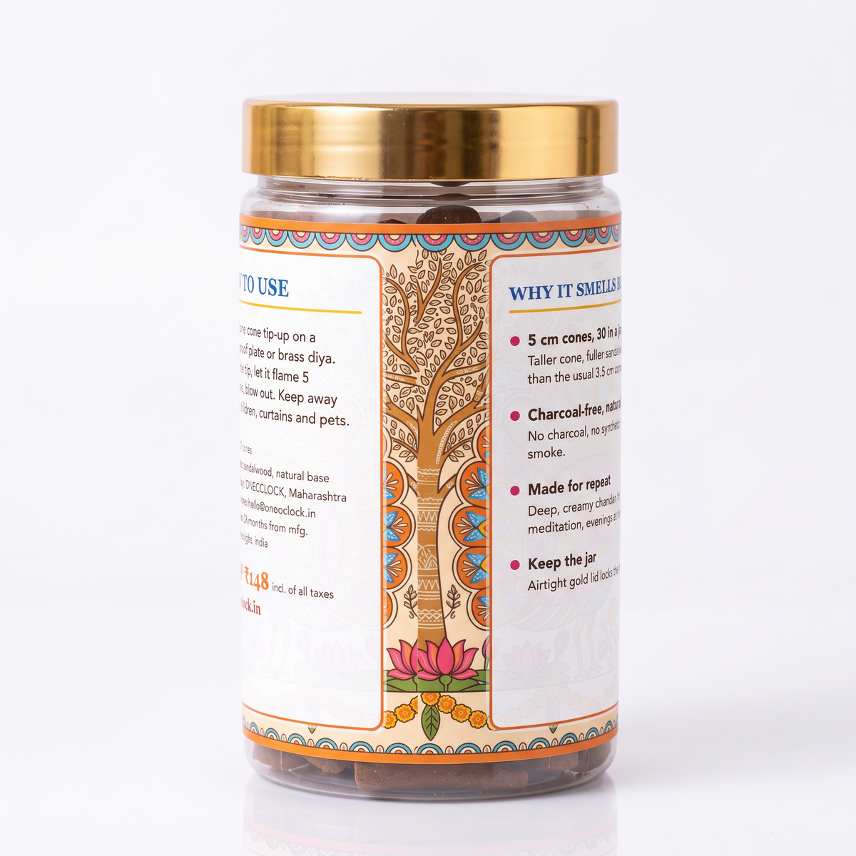 Side labels of sandalwood dhoop cones jar