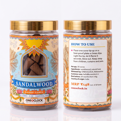 Front and back of sandalwood dhoop cones jar