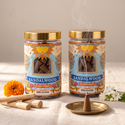 Two sandalwood dhoop cone jars with a burning cone and marigolds