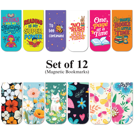 Book Lovers  & Cute Floral Magnetic Bookmarks (Set of 12)