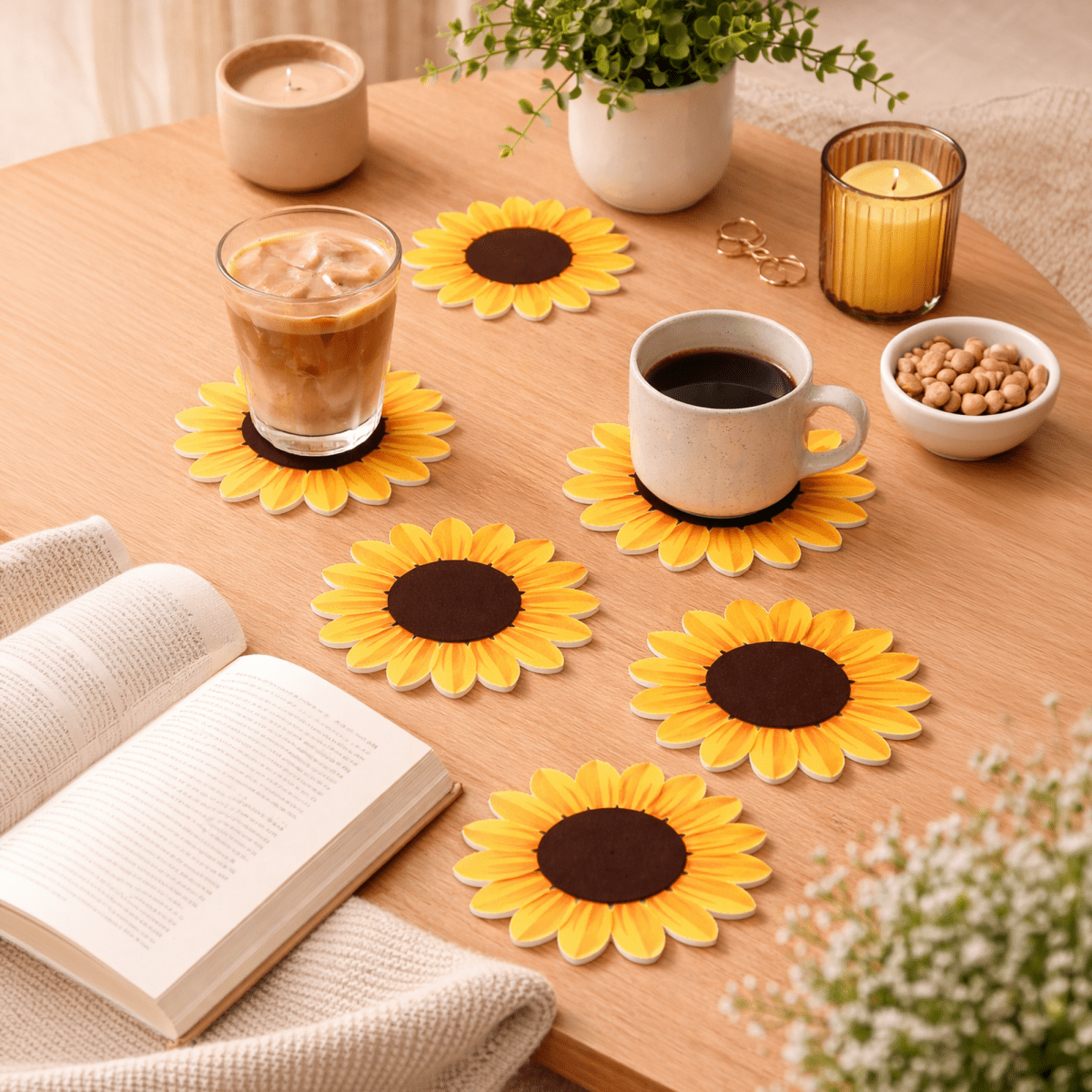 Sunflower Coasters Set of 6 | Aesthetic Table Coasters - Coaster