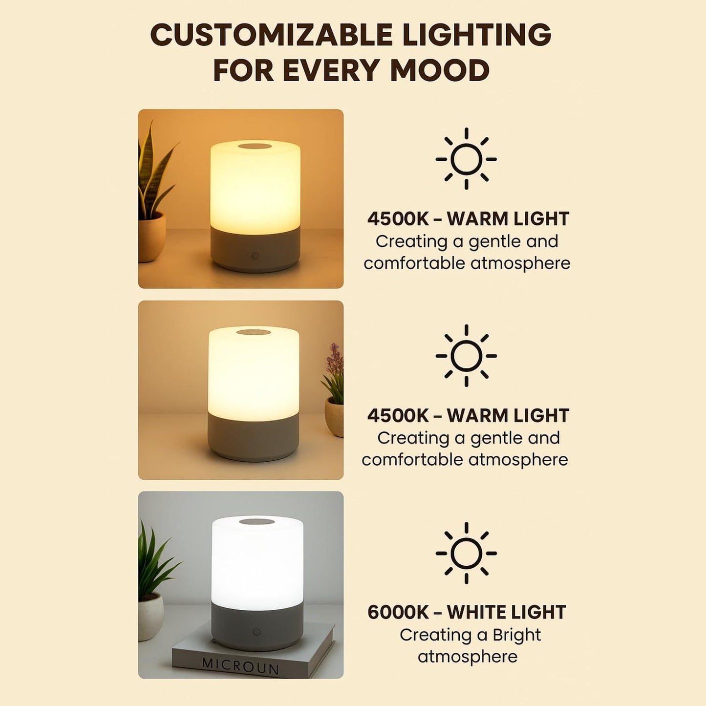 OneOclock Glow Lamp – Touch Control, Dimmable Bedside & Desk Lamp with Rechargeable Battery